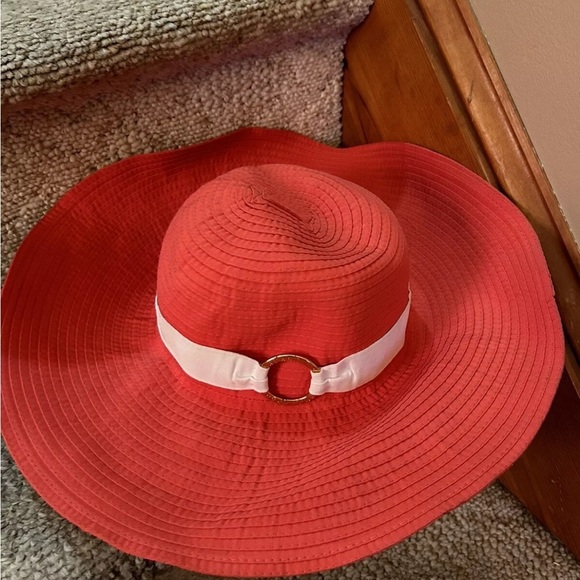 Lauren Ralph Lauren Coral Pink Wide Brim Sun Hat with White Band EUC!! - Picture 1 of 12